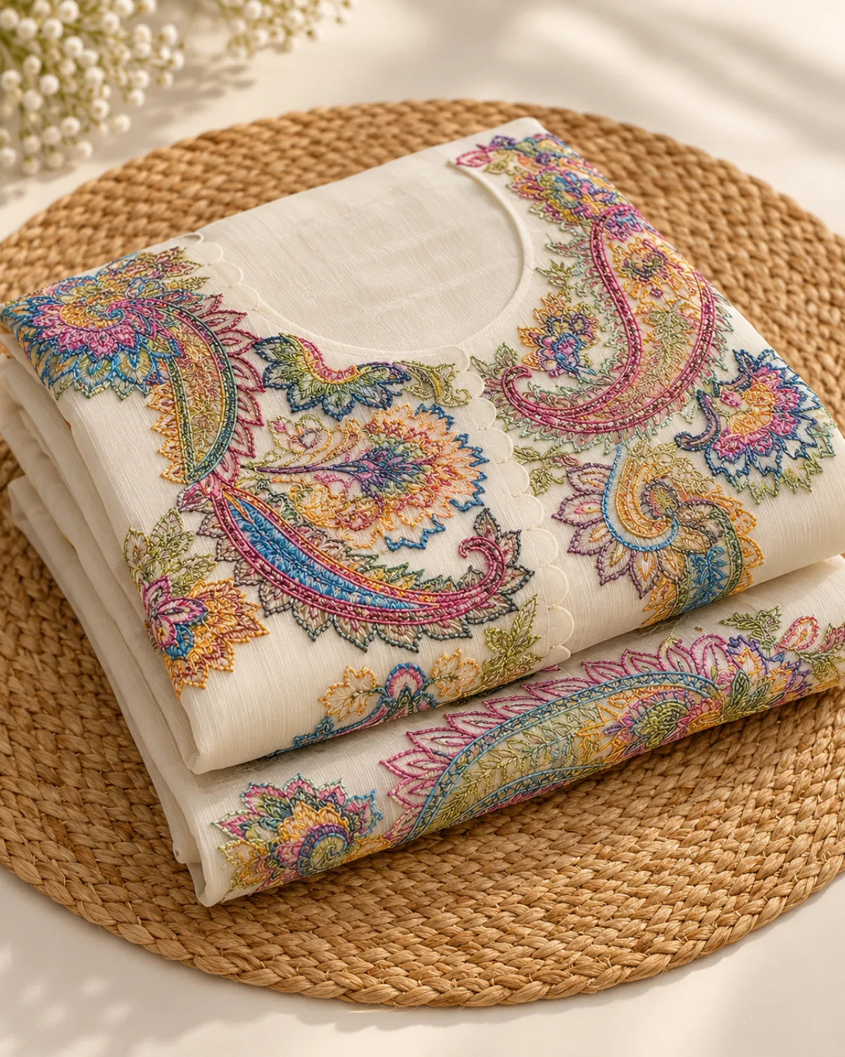 A folded cream-colored cotton kurta featuring vibrant, multicolored paisley and floral embroidery, displayed on a round woven straw placemat with small white flowers in the background.