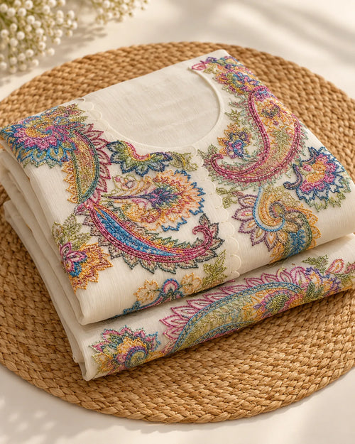 A folded cream-colored cotton kurta featuring vibrant, multicolored paisley and floral embroidery, displayed on a round woven straw placemat with small white flowers in the background.