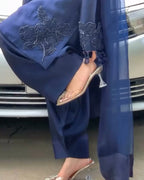 A person wearing a navy blue traditional outfit with floral embroidery and sheer draped fabric, paired with clear high-heeled sandals, standing outdoors in front of a car.