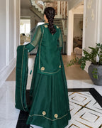 A woman viewed from behind wearing a dark green traditional outfit with gold trim and a matching dupatta, standing in a modern indoor hallway with a staircase and potted plants in the background.