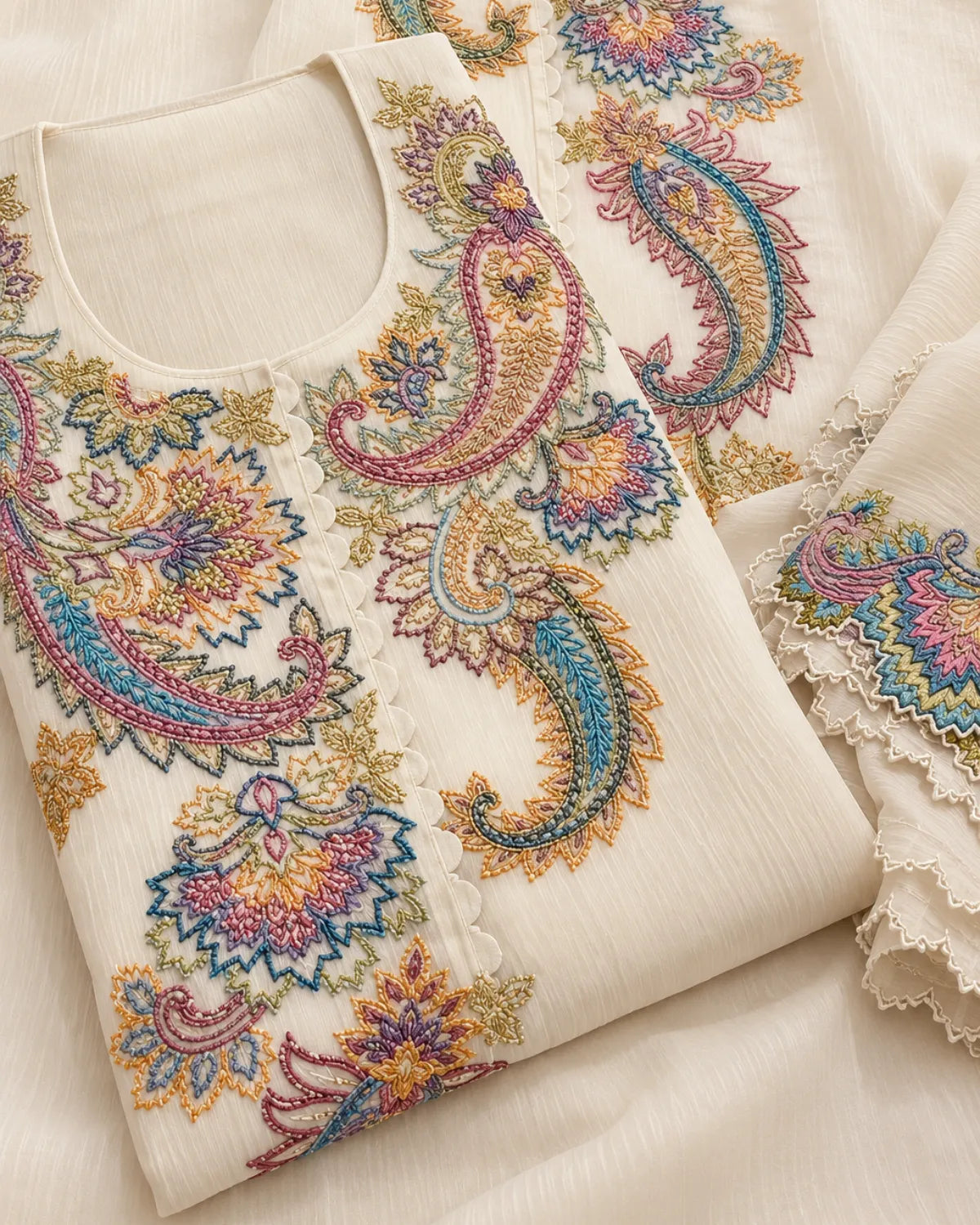 A folded cream-colored fabric garment featuring intricate multicolor paisley and floral embroidery in pink, blue, gold, and green, with a scalloped lace-trimmed sleeve visible on the right.