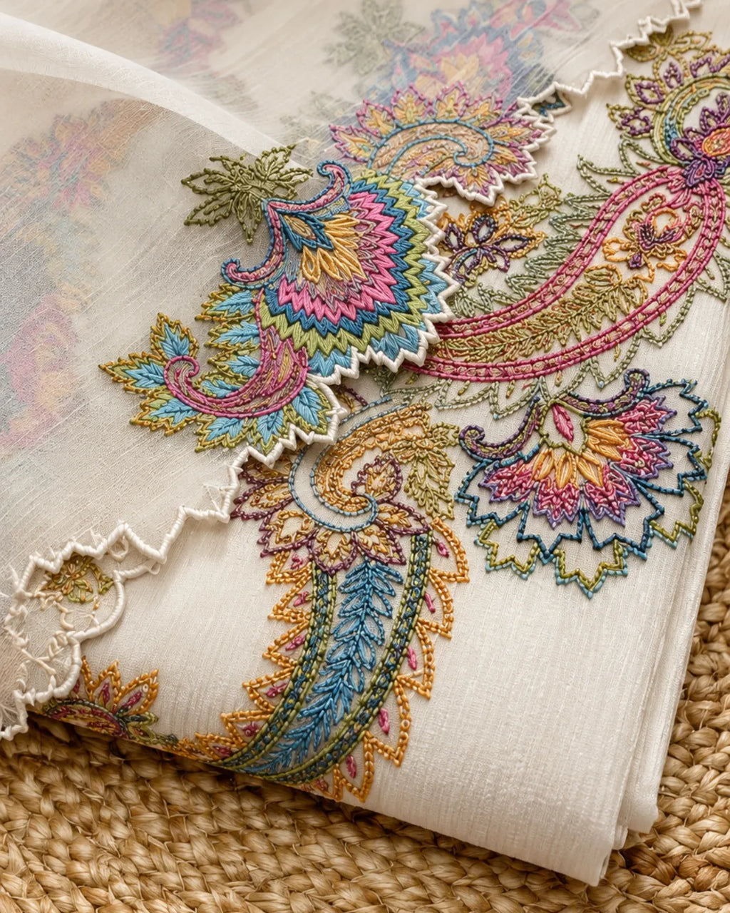 A folded white or off-white embroidered fabric, likely a dupatta or decorative textile, featuring intricate multicolor paisley and floral embroidery in pink, blue, yellow, and green, laid on a woven straw mat.